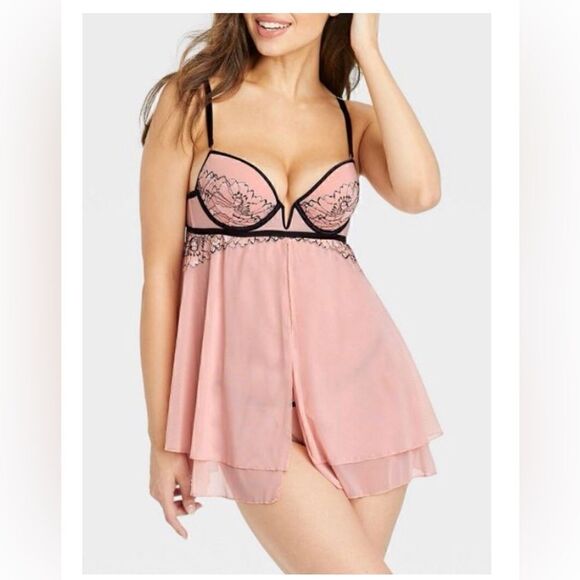 Flirty Push-Up Babydoll Lingerie - Auden - Ice Rose size large - Picture 1 of 7
